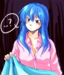  ? blanket blue_hair blush hinanawi_tenshi long_hair open_clothes open_shirt red_eyes rex_k shirt sleepy solo sweatdrop touhou 