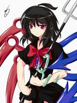  ahoge alphes_(style) black_hair bow highres houjuu_nue mozya parody polearm red_eyes ribbon snake solo style_parody touhou trident weapon wings 