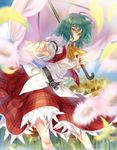  arm_garter ascot bad_id bad_pixiv_id belt blurry breasts depth_of_field field flower flower_field foreshortening green_hair hands kazami_yuuka large_breasts parasol petals plaid plaid_skirt plaid_vest red_eyes short_hair skirt skirt_set solo sunflower tenkuu_sphere touhou umbrella untucked vest wind 