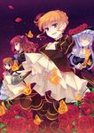  beatrice blonde_hair blue_eyes brown_hair bug butterfly choker closed_eyes crown dress flower frills gown hair_bobbles hair_ornament hat hime_cut insect kiseru long_hair multiple_girls pipe red_hair rose shinia short_hair silver_hair umineko_no_naku_koro_ni ushiromiya_ange ushiromiya_maria virgilia 