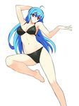  ahoge arm_up armpits bad_id bad_pixiv_id barefoot bikini black_bikini blue_hair breasts cleavage feet hand_behind_head hands head_tilt large_breasts leg_up long_hair looking_at_viewer navel original red_eyes ryuuta_(msxtr) simple_background smile solo swimsuit white_background 