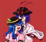  blue_hair blush embarrassed hat hat_ribbon hinanawi_tenshi long_hair looking_up multiple_girls nagae_iku necktie open_mouth pink_eyes purple_hair red_eyes rex_k ribbon shirt short_hair short_sleeves simple_background sweatdrop touhou white_shirt 