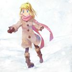  bad_id bad_pixiv_id blonde_hair blue_eyes boots coat fullmetal_alchemist mittens pantyhose ponytail riru scarf snow solo winry_rockbell younger 