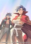  belt blue_hair cape coat kamina male_focus multiple_boys official_art red_eyes sarashi simon smile takayama_toshiaki tengen_toppa_gurren_lagann 