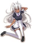  antenna_hair blush dark_elf dark_skin elf legs long_hair maid pointy_ears regu sansei_muramasa solo soukou_akki_muramasa thighhighs white_hair white_legwear 