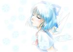  blue_hair blush chie_no_ringo cirno closed_mouth fairy fairy_wings from_side ice ice_wings short_hair simple_background snowflakes solo touhou upper_body white_background wings 