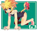  all_fours animal_ears blonde_hair blue_eyes cat_ears cat_tail catboy child crossdress crossdressing fujitsuna kagamine_len male male_focus ribbon short_hair shota solo swimsuit tail vocaloid 