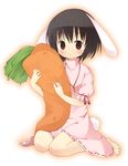  :&lt; amaa_(chou_dennou_jidai) animal_ears bad_id bad_pixiv_id barefoot black_hair blush brown_eyes bunny_ears bunny_tail carrot carrot_necklace carrot_pillow child feet halftone halftone_background inaba_tewi jewelry necklace pendant pillow short_hair sitting solo tail touhou wariza 