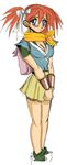  artist_request backpack bag belt blue_eyes blush breasts chrono_trigger crono genderswap genderswap_(mtf) hair_ribbon large_breasts neckerchief oekaki red_hair ribbon shoes skirt smile socks solo twintails wristband 