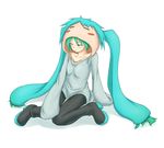  :t baggy_clothes blush collarbone cosplay costume green_eyes green_hair hatsune_miku jaco long_sleeves no_bra solo twintails vocaloid 
