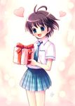  antenna_hair aru_(abyssinia) black_hair blue_eyes gift heart holding holding_gift idolmaster idolmaster_(classic) kikuchi_makoto necktie plaid plaid_skirt rough_time_school school_uniform short_hair skirt solo 