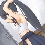  adjusting_hair armpits arms_up bad_id bad_pixiv_id black_eyes black_hair black_hakama blush dutch_angle hakama japanese_clothes jingai_modoki long_hair original ponytail profile sarashi solo sweat 