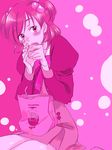  eating eyelashes food hair_ornament kumonosuke monochrome pink pink_background precure school_uniform short_hair sitting skirt solo twintails two_side_up yes!_precure_5 yumehara_nozomi 