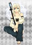  blonde_hair blue_eyes breasts cleavage detached_sleeves long_hair medium_breasts original sandals sheath sheathed solo sword toes weapon yodobashi_yuo 