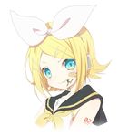  aqua_eyes bad_id bad_pixiv_id bandaid bandaid_on_face blonde_hair eating face hair_ornament hair_ribbon hairclip headphones kagamine_rin konayama_kata praying_mantis ribbon short_hair simple_background solo upper_body vocaloid white_background 