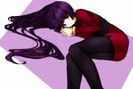  black_bodysuit blush bodysuit gym_leader hime_cut hizuki_akira long_hair looking_at_viewer lying nail_polish natsume_(pokemon) on_side pantyhose pencil_skirt pokemon pokemon_(game) pokemon_rgby purple_eyes purple_hair red_nails skirt solo 