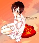  androgynous arm_support baccano! brown_eyes brown_hair czeslaw_meyer heart heart_pillow kumonosuke male_focus no pajamas pillow sitting solo yes yes-no_pillow 