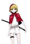  belt black_eyes blonde_hair bulleta empty_eyes hood katana legs onigunsou short_hair sleeveless smile solo sword thigh_strap torn_clothes vampire_(game) weapon 