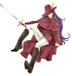  arm_support bad_id bad_pixiv_id belt boots cape faris_scherwiz feathers final_fantasy final_fantasy_v hat hat_over_one_eye long_hair non_(nonbiriya_mini) purple_hair red_mage reverse_trap sitting smile solo sword weapon 