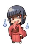  :p akaname akaname-san bad_id bad_pixiv_id black_hair blush chibi fang hitodama japanese_clothes jingai_modoki kimono long_tongue monster_girl naughty_face original pointy_ears red_eyes short_hair simple_background slit_pupils solo tongue tongue_out 