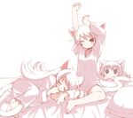  animal_ears barefoot bed blue_eyes blush_stickers cat_ears cat_tail di_gi_charat feet long_hair lying mike_(di_gi_charat) monochrome multiple_girls on_side pajamas panties pillow pink puchiko red_eyes rinna_(di_gi_charat) saxyun short_hair sitting sleeping spot_color stretch tail underwear wince 