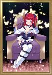  bad_id bad_pixiv_id blue_eyes boots bored breasts bug butterfly cleavage couch frame full_body garter_straps insect light_particles long_hair medium_breasts red_hair sitting solo staff tensugi_takashi thigh_boots thighhighs umineko_no_naku_koro_ni ushiromiya_ange 