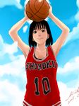  akagi_haruko armpits basketball basketball_uniform black_hair clothes_writing day short_hair sky slam_dunk solo sportswear tachibana_roku 