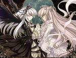  dress flower frills green_eyes hairband holding_hands kirakishou long_hair mtyy multiple_girls pink_hair red_eyes rose rozen_maiden silver_hair suigintou very_long_hair wings 