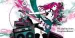  bad_id bad_pixiv_id buzz fingerless_gloves flower gloves green_eyes guitar instrument original pink_hair solo speaker thighhighs 