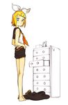  absurdres aqua_eyes asgr bad_id bad_pixiv_id barefoot blonde_hair flat_chest full_body hair_ornament hair_ribbon hairclip highres kagamine_rin ribbon short_hair shorts simple_background solo standing undressing vocaloid white_background 