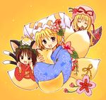  animal bad_id bad_pixiv_id cat chen eijima_moko family fox happy highres japanese_clothes kimono multiple_girls smile touhou yakumo_ran yakumo_yukari 