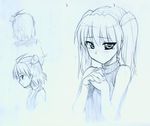  bad_id bad_pixiv_id blue blue_background blush face graphite_(medium) hands monochrome multiple_girls original sketch sleeveless sleeveless_turtleneck tears traditional_media turtleneck twintails zpolice 