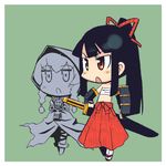  armor bad_id bad_pixiv_id black_hair blush bushidou_(sekaiju) chibi curse_maker hakama japanese_clothes jingai_modoki long_hair lowres multiple_girls red_hakama sarashi sekaiju_no_meikyuu sword weapon 