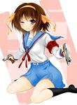  armband bad_id bad_pixiv_id blue_skirt brown_eyes brown_hair dansa dual_wielding gun hairband holding kita_high_school_uniform one_eye_closed orange_hairband school_uniform serafuku short_hair sitting skirt socks solo suzumiya_haruhi suzumiya_haruhi_no_yuuutsu trigger_discipline wariza weapon 