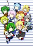  aki_minoriko aki_shizuha animal_ears antennae blonde_hair blue_hair blush bucket cape chibi cirno d-so fang food fruit grapes green_hair grey_hair in_bucket in_container jewelry kisume kurodani_yamame leaf letty_whiterock maple_leaf multiple_girls nazrin necktie pendant purple_hair rumia shawl short_hair simple_background stage_connection touhou wings wriggle_nightbug 