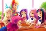  amy30535 applejack backlighting bad_id bad_pixiv_id blonde_hair chopsticks eating fingerless_gloves fluttershy fork friends gloves horn long_hair multicolored multicolored_hair multiple_girls my_little_pony my_little_pony_friendship_is_magic no_hat no_headwear obentou personification pink_hair pinkie_pie purple_hair rainbow_dash rainbow_hair rarity school_uniform twilight_sparkle 