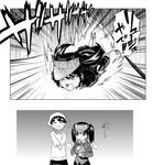  comic fang greyscale hair_ornament houshou_(kantai_collection) kabocha_(monkey4) kantai_collection long_hair monochrome multiple_girls ryuujou_(kantai_collection) translated twintails visor_cap 