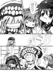  &gt;_&lt; akatsuki_(kantai_collection) blindfold cannon closed_eyes comic eating folded_ponytail food fruit greyscale hat highres ikazuchi_(kantai_collection) kantai_collection kouba lead_pipe long_hair monochrome multiple_girls neckerchief open_mouth school_uniform serafuku shinkaisei-kan skirt smile teeth translation_request watermelon wo-class_aircraft_carrier |_| 