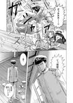  2girls admiral_(kantai_collection) autodefenestration bag bomber_grape bottle comic empty_eyes glass greyscale hallway hat hidden_eyes highres indoors jun'you_(kantai_collection) kantai_collection long_sleeves looking_at_viewer magatama military military_uniform monochrome multiple_girls naval_uniform open_mouth peaked_cap plastic_bag ryuujou_(kantai_collection) sharp_teeth shocked_eyes speech_bubble surprised sweatdrop talking teeth through_window translated uniform visor_cap window 