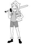  adventure_time artist_self-insert atokniiro backpack bag book boots closed_eyes commentary cosplay finn_the_human finn_the_human_(cosplay) full_body greyscale grin hood male_focus math monochrome original parted_lips shorts simple_background smile solo standing sword weapon white_background 