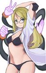  absurdres bad_id bad_pixiv_id black_bra black_gloves black_panties blonde_hair blue_eyes bra clenched_hand glasses gloves half_gloves highres kineshin labcoat long_hair natasha_(sekai_seifuku) navel open_hands palms panties sekai_seifuku:_bouryaku_no_zvezda smile solo underwear v white_background 