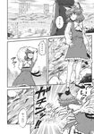 animal_ears cat_ears cat_tail chen comic earrings fish greyscale hat highres jewelry miyamoto_ryuuichi mob_cap monochrome partially_translated ribbon river rock tail throwing touhou translation_request 