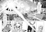  :o beam blood blood_from_mouth bowl building comic doujinshi evil_grin evil_smile eyeball greyscale grin highres horn hoshiguma_yuugi house kirisame_marisa komeiji_satori light_rays long_hair monochrome multiple_girls no_eyes open_mouth ribbon shaded_face smile speech_bubble string surprised sweatdrop talking teeth third_eye touhou translated village zounose 