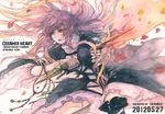  beads chihiro_(kemonomichi) comic cover cover_page dagger doujin_cover dress eyelashes gradient_hair hijiri_byakuren layered_dress lips long_hair multicolored_hair parted_lips petals prayer_beads purple_hair red_eyes scan solo touhou traditional_media vajra_(object) very_long_hair watercolor_(medium) weapon wind 