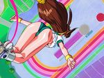  ass battle_athletes breasts brown_hair falling from_above green_buruma kanzaki_akari long_hair medium_breasts shirt solo underboob white_shirt wrist_cuffs 