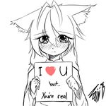  animal_ears antenna_hair blush cat_ears commentary english fourth_wall heart holding holding_sign long_hair looking_at_viewer nas_(z666ful) nose_blush original role_reversal sign signature simple_background solo spot_color tears truth upper_body white_background 