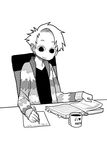  artist_self-insert atokniiro book chair coffee_mug commentary cup english_commentary greyscale looking_down male_focus math monochrome mug mug_writing original pun simple_background sitting solo studying white_background writing 