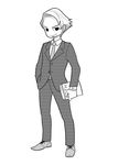  artist_self-insert atokniiro book commentary english_commentary formal greyscale hand_in_pocket male_focus math monochrome necktie original simple_background smile solo standing suit white_background 