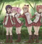  &gt;_&lt; akaza_akari black_hair black_legwear blonde_hair blue_eyes bow brown_eyes closed_eyes double_bun forest funami_yui hair_bobbles hair_bow hair_bun hair_ornament highres kneehighs multiple_girls nanamori_school_uniform nature novcel open_mouth outdoors pink_hair red_hair rock school_uniform serafuku shoes teeth toshinou_kyouko tree twintails watermark yoshikawa_chinatsu yuru_yuri 