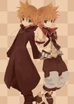  armor bear_(artist) black_coat_(kingdom_hearts) blonde_hair blue_eyes checkered checkered_background cloak highres holding_hands kingdom_hearts kingdom_hearts_birth_by_sleep male_focus multiple_boys roxas ventus 